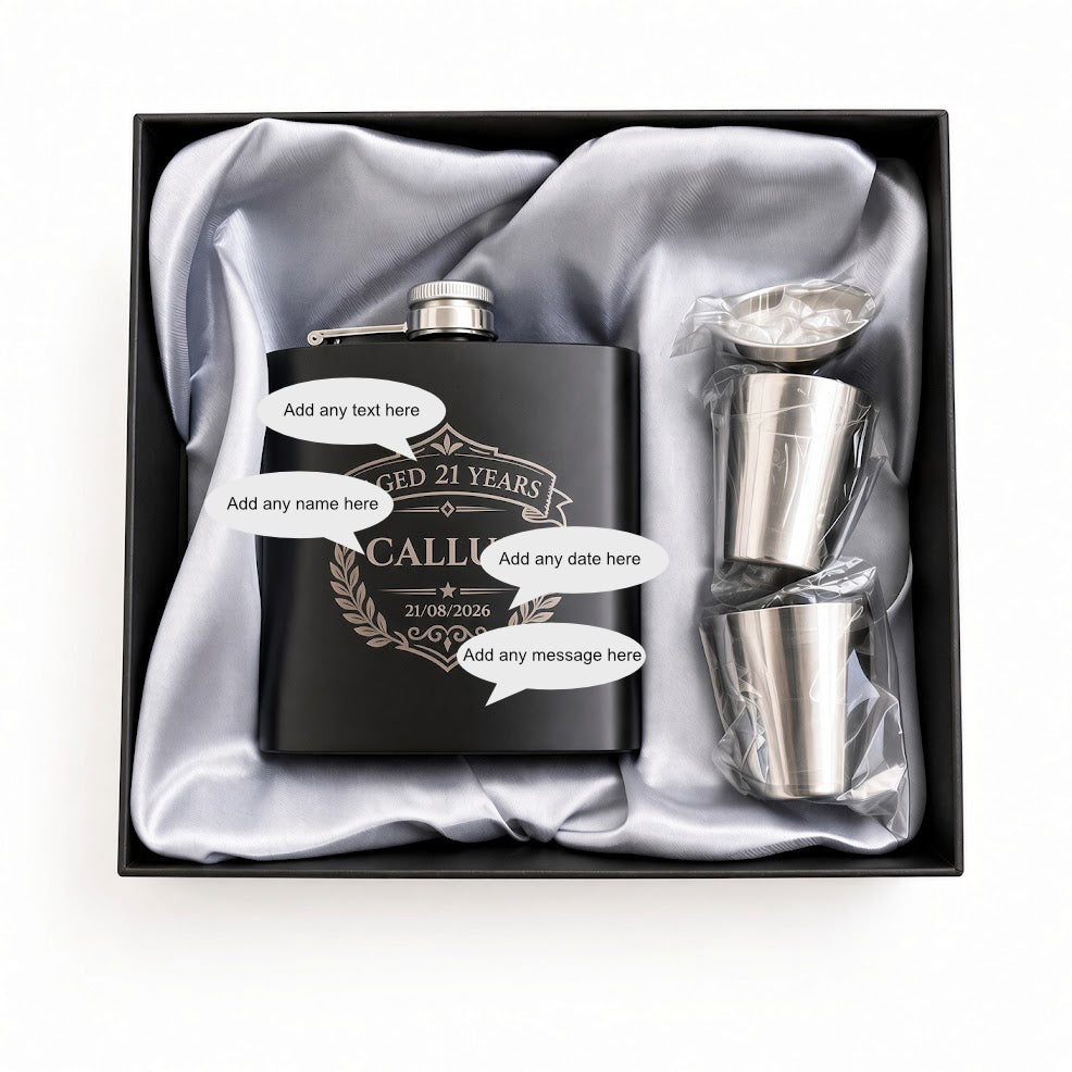 Personalised 6oz Engraved Hip Flask Gift Set – Birthday, Groomsmen & Wedding Keepsake