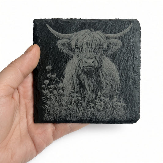 Highland Cow Engraved Slate Coasters – Square | Various Designs | Laser Engraved