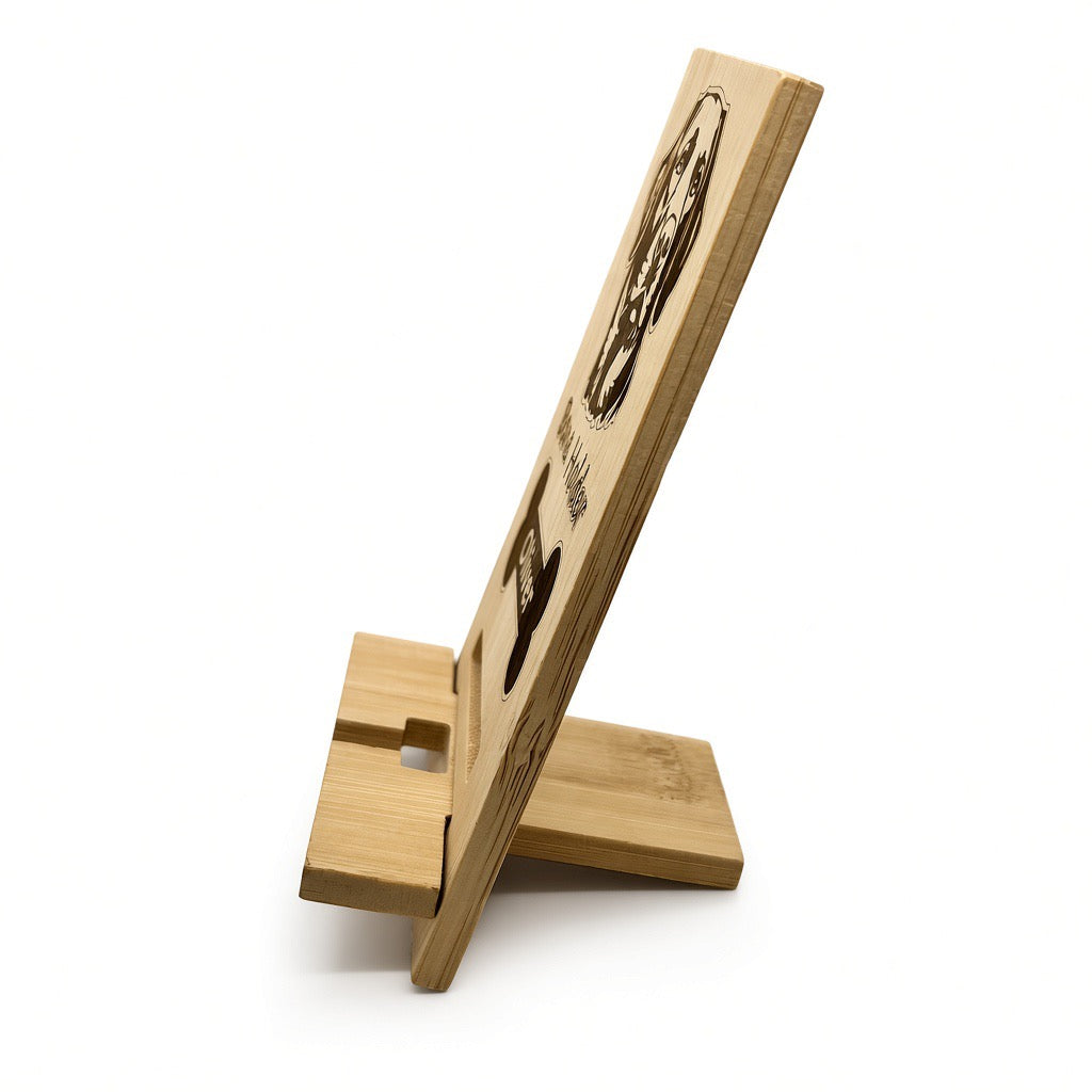 Personalised bamboo phone (bone holder) stand engraved Retrotreasures