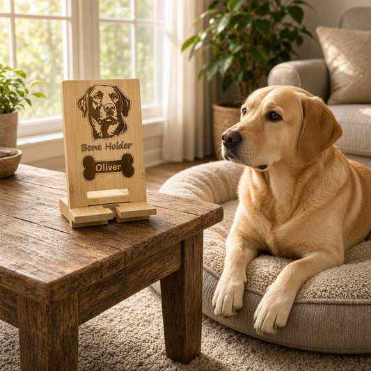 Personalised Bamboo Phone Stand – Engraved Dog Breed Portrait & Name | Bone Design