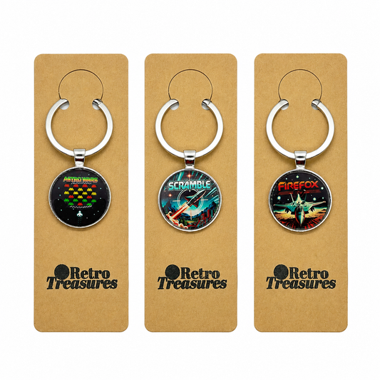 Retro themed 1980s arcade game keychains Retrotreasures