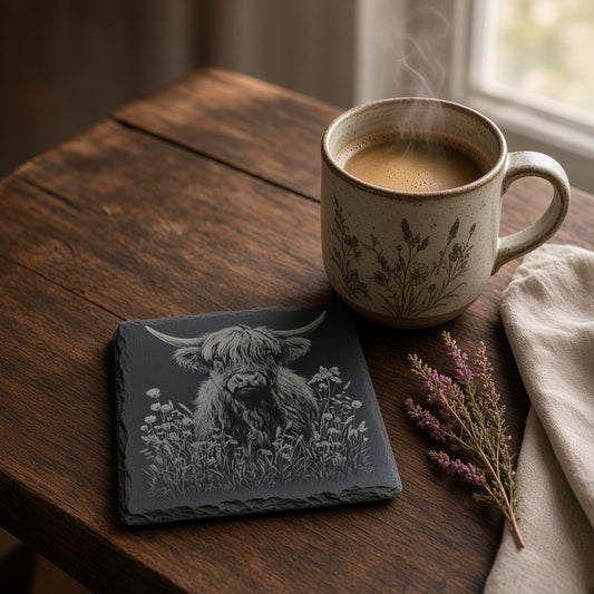 Highland Cow Engraved Slate Coasters – Square | Various Designs | Laser Engraved