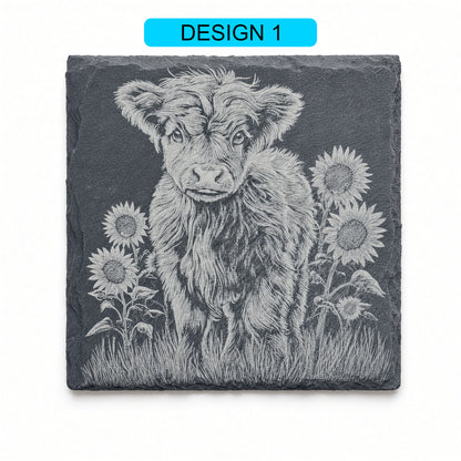 Highland Cow Engraved Slate Coasters – Square | Various Designs | Laser Engraved