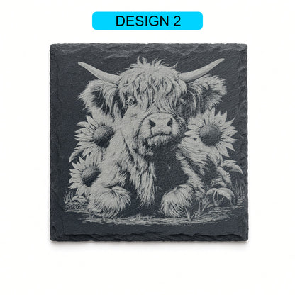 Highland Cow Engraved Slate Coasters – Square | Various Designs | Laser Engraved