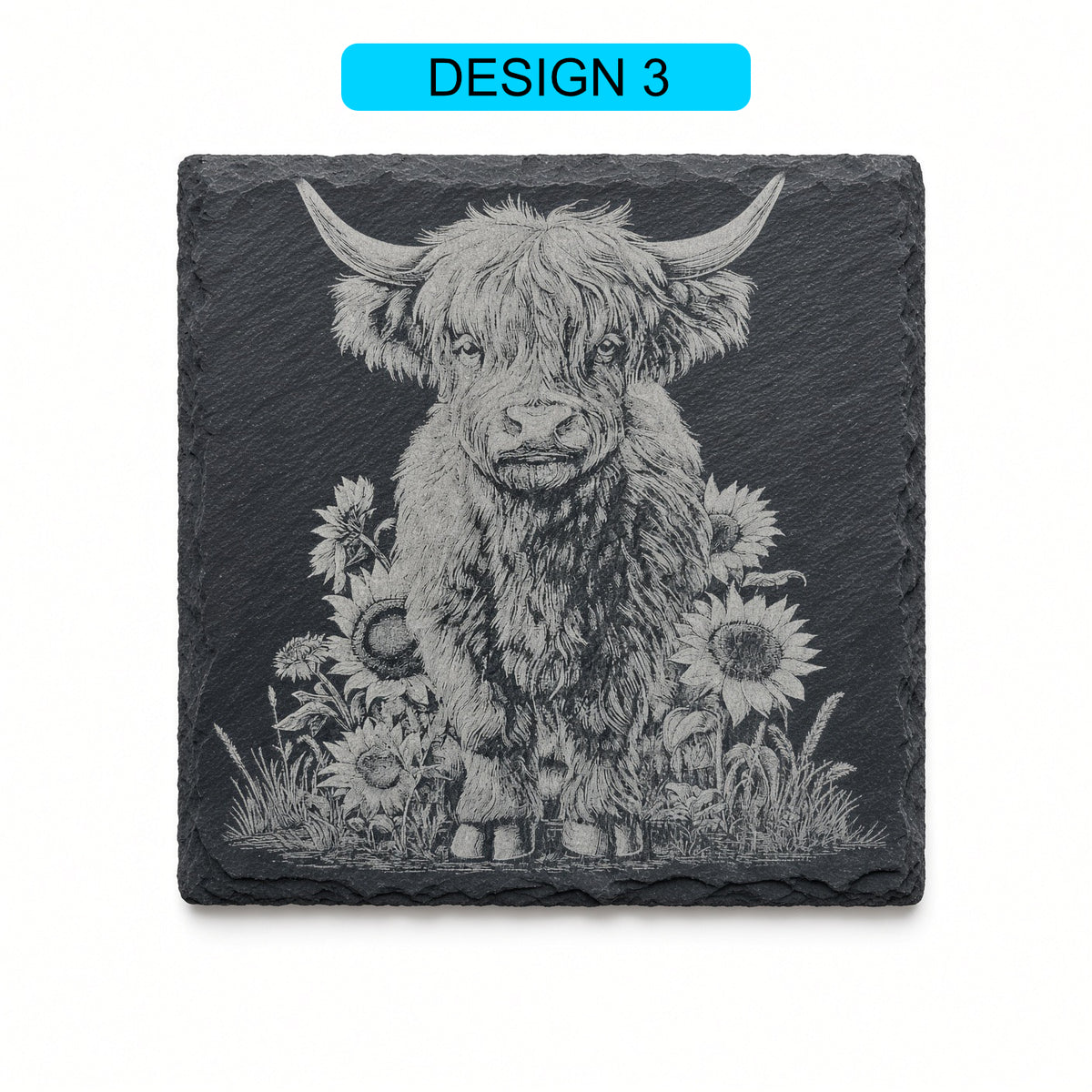 Highland Cow Engraved Slate Coasters – Square | Various Designs | Laser Engraved