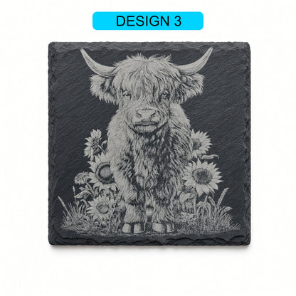 Highland Cow Engraved Slate Coasters – Square | Various Designs | Laser Engraved