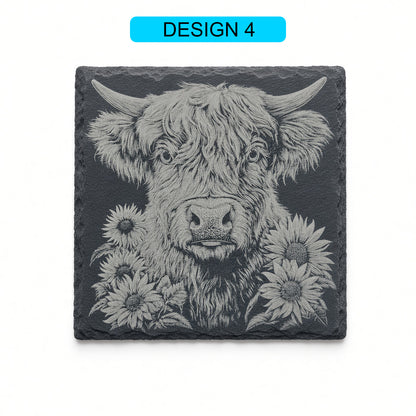 Highland Cow Engraved Slate Coasters – Square | Various Designs | Laser Engraved