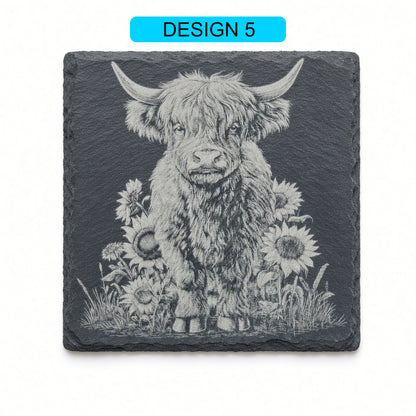 Highland Cow Engraved Slate Coasters – Square | Various Designs | Laser Engraved
