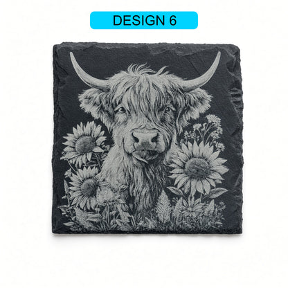 Highland Cow Engraved Slate Coasters – Square | Various Designs | Laser Engraved