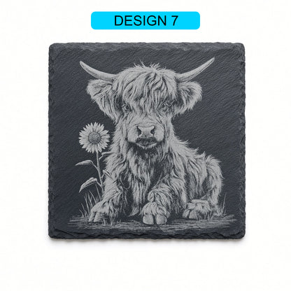 Highland Cow Engraved Slate Coasters – Square | Various Designs | Laser Engraved