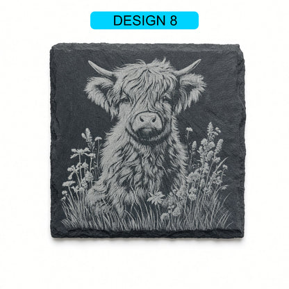 Highland Cow Engraved Slate Coasters – Square | Various Designs | Laser Engraved