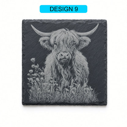 Highland Cow Engraved Slate Coasters – Square | Various Designs | Laser Engraved