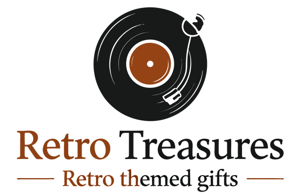 Logo of Retro Treasures with a vinyl record design on a white background